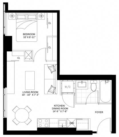 Floor plan for 1 bed, 1 bath, 535 sqft